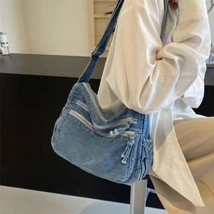 Solid Color Tote Handbags Denim Chic Hobo Bag Women Crossbody Shoulder Bag - Picture 1 of 15