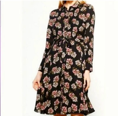 Nanette Lepore Floral Printed Pleat Shirtdress Dress Black  4  Tie. Romantic - Image 1 of 4