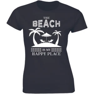 The Beach Is My Happy Place Women's Slogan T-shirt Vacation Summer Lake Cute Tee - Picture 1 of 4
