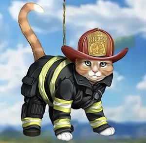 Confident Cat Dressed As A Fireman, rear view mirror, Acrylic Hanging decoration - Picture 1 of 8