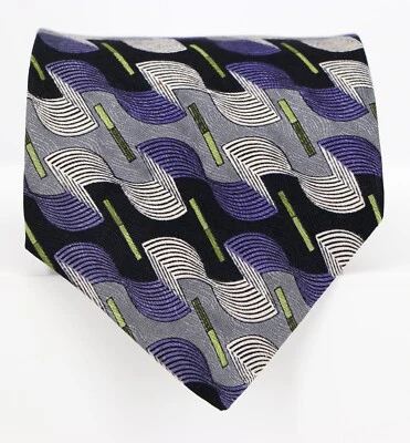Vintage Martin Wong Men's Necktie Silk Print Geometric Waves Blue Black 57x3.75 - Image 1 of 3