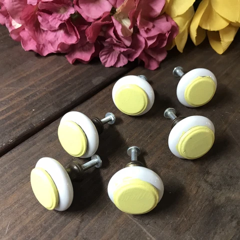 Vintage Hardware White and Yellow Ceramic Drawer Pulls Knobs-Mid Century Modern Cover
