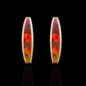 Real 14K Yellow Gold Dark Red Opal Earrings Diamond Cut Ladies Hoop Huggies - Picture 1 of 4