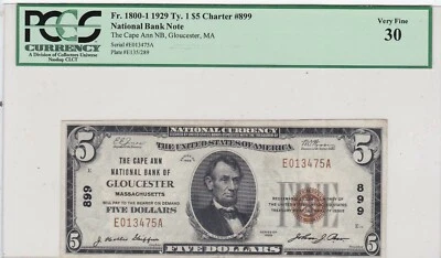 KAPPYS W7546   1929 $5.00 THE CAPE ANN NATIONAL BANK OF GLOUCESTER MA PCGS VF30  - Image 1 of 2