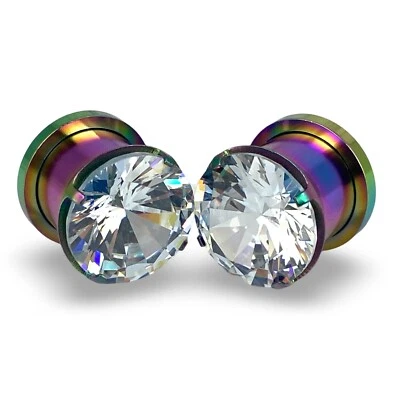 Par de tapones de acero arco iris 316L con juego de puntas medidores CZ transparentes (PS-153) Foto 1 de 4