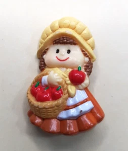 RUSS vintage Apple Pilgrim Girl Pin Brooch Harvest Fall Thanksgiving Woman - Picture 1 of 3