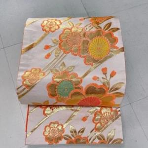 Vintage Japanese Fukuro Obi Silk Floral Gold Accent Vermilion Lining Near Mint - Picture 1 of 12
