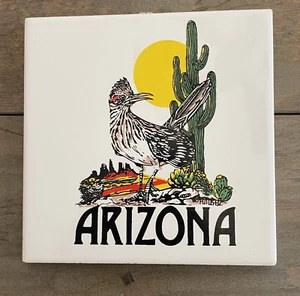 Vintage Collectible Souvenir Tile 6 x 6 inch Square Arizona Roadrunner Cactus - Picture 1 of 3