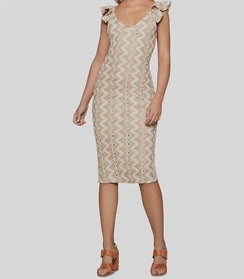 $129 Bcbgeneration Vestido Vaina Para Mujer Beige Cuello en V Manga Volantes Encaje Talla L Foto 1 de 2