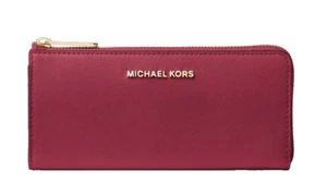New Michael Kors Jet Set Travel Large Leather Quarter-Zip Wallet Mulberry - Picture 1 of 2