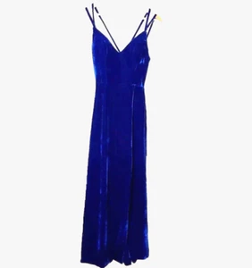 Long Maxi Dress S Gown A-Line Pockets Royal Blue Stretch Velour Strappy Back - Picture 1 of 14