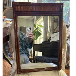Vintage Bamboo Wicker Hanging Wall Mirror rattan bohemian wall decor 19x13” - Picture 1 of 11