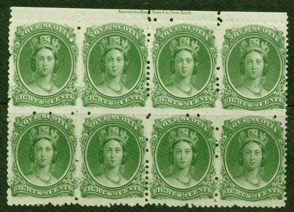 NOVA SCOTIA-1860-1863 – 8 ½ ¢  SCARCE INSCRIPTION BLOCK OF 8 – F-VF** - Image 1 of 1