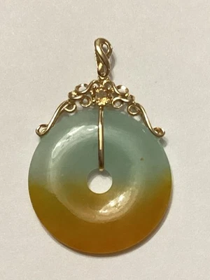 Colgante asiático firmado oro 14K jade citrino piedra preciosa toro donut H Kong 8 gramos Foto 1 de 4
