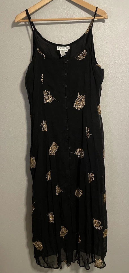 Vestido maxi feminino vintage tamanho 14 preto dourado floral capricho bruxa anos 90 Y2K - Imagem 1 de 4