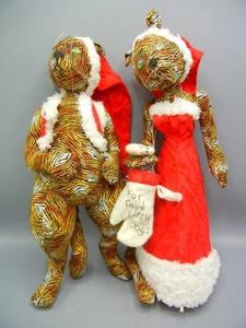 Vintage Artist Stuffed Printed Cloth Leopard Standing Pair Christmas Cat Couple - Picture 1 of 9