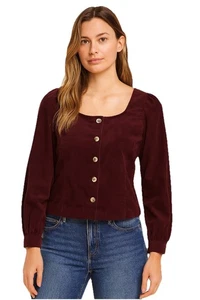 Versona Corduroy Top NWT Small Button Front Crop Puff Shoulder Square Neck - Picture 1 of 7