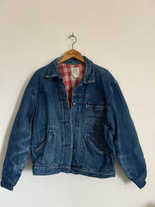 Vintage Bass Denim Jacke Größe Große Blaue Taschen Baumwolle Getragen Gefüttert Herren - Bild 1 von 12