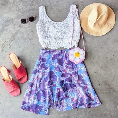 Minifalda envolvente sintética con volantes de gasa de seda tallada en violeta y azul talla 36/4 Foto 1 de 4