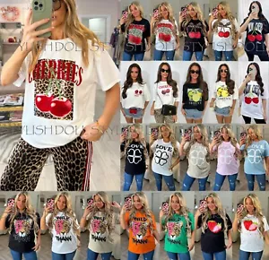 Womens Mon Cherry Leopard T-Shirt Ladies Oversized Short Sleeve Slogan Tee Top - Picture 1 of 50