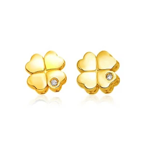 14 Karat Massiv Gelbgold Vierblatt Klee Diamant Ohrringe 0,01 ct Push Back Verschluss - Bild 1 von 2