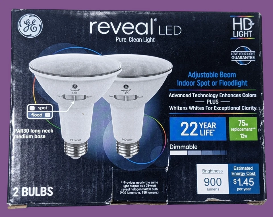 GE 2pk 75W Reveal PAR30 LED Light Bulbs Long Neck Adjustable Flood/Spot - Image 1 of 4