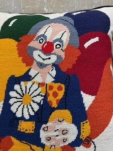 Needlepoint Clown w/Dog Pillow Navy Velvet Back Zipped Horizontal 18"x16" - Picture 1 of 3