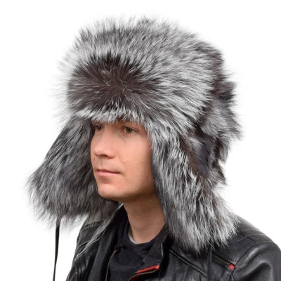 Sombrero Ushanka III de piel de zorro plateado genuino para hombre cálido invierno gris gorra esquí Foto 1 de 4