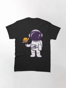 Astronaut Playing Planet-Ball Printed T-Shirt Classic - Unisex Space Graphic Tee - Picture 1 of 6