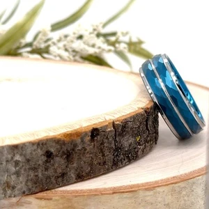 8mm Blue Tungsten Wedding Ring Hammered Design With Silver Strip Detail Band - Picture 1 of 4
