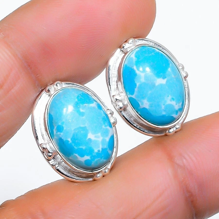 Blue Larimar Gemstone 925 Sterling Silver Jewelry Stud Earring Size 0.75" - Image 1 of 1
