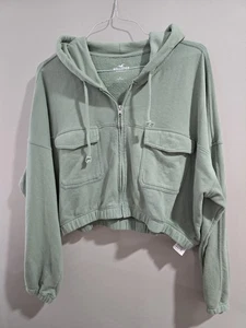 Damen Hollister Crop grün Hoodie Large Y2K Style Full Zip Kapuzenpullover - Bild 1 von 3