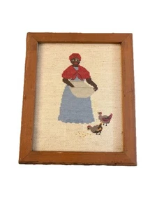 VTG Framed Cross Stitch African American Woman Feeding Chickens~ - Picture 1 of 10