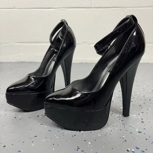 Vintage Black Patent Platform Mary Jane Fetish Pumps 6" High Heel Stilettos 9 - Picture 1 of 16