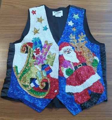 Vintage Fashion Fantasy Sequin Santa Claus Christmas Reindeer Vest XL  - Image 1 of 4