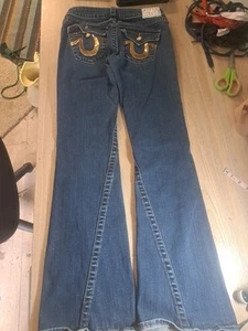 TRUE RELIGION JOEY FLARED DARK WASH DENIM JEANS SIZE 27 (29 x 31) Gold Pocket - Bild 1 von 21
