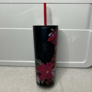 Starbucks Holiday Christmas 2021 Dark Green Poinsettia Metal Tumbler 16oz New - Picture 1 of 8