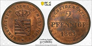 Z39 Germany Saxe-Meiningen 1863 2 Pfennig PCGS MS-63 Red Brown Top Pop:1/0 - Picture 1 of 3