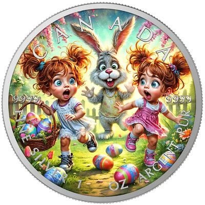 Silbermünze 1 oz Maple Leaf Frohe Ostern (6) Samstag 2025 Farbe Geschenk - Bild 1 von 4