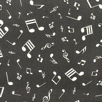 Cotton Fabric - White Music Notes on Black - Quilting Craft Fabric Material - Image 1 of 4
