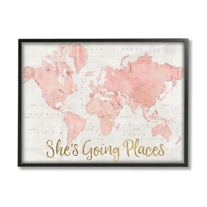 Stupell Industries She's Going Places Quote Pink Watercolor World Map, black ... - Picture 1 of 7