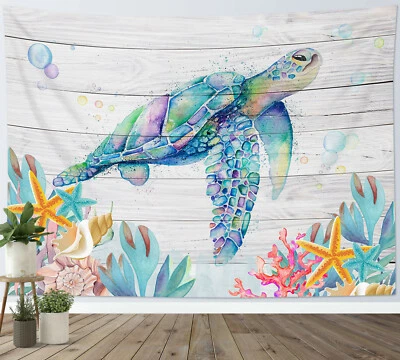 Watercolor Sea Turtle Marine Life Tapestry Wall Hanging For Living Room Bedroom - Image 1 of 4
