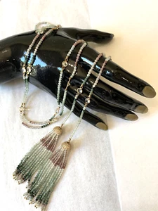 EAST INDIAN MOGHUL Variegated Emerald Amethyst & Clear CryTassel Lariat 18k Gold - Picture 1 of 16