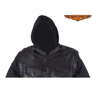 Chaqueta de cuero negra oculta con mangas de lona extraíbles y sudadera con capucha - Imagen 1 de 9