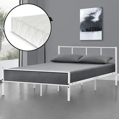 Letto Singolo in Metallo con Testiera e Pediera + Materasso 120 x 200cm Bianco - Immagine 1 di 4
