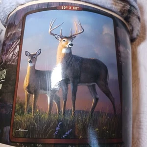Raschel Throw Blanket Whitetail Deer 50 x60 in Royal Plush New Wildlife Buck+Doe - Picture 1 of 7