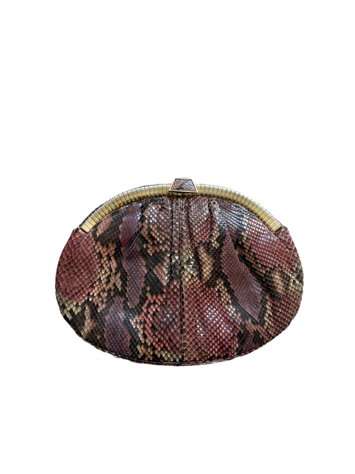 RARO Bolso clutch Judith Lieber burdeos y marrón piel de serpiente con herrajes dorados Foto 1 de 4