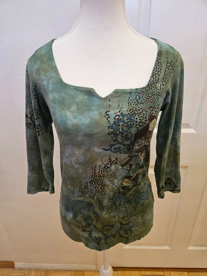 NUEVA Y2K GLIMA Blusa Top Verde Azul Estampado Tie Dye Asiático Jaguar Algodón S Foto 1 de 4