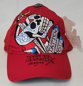 Vintage Don Ed Hardy Embroidered Skull Tattoo Red Baseball Cap Mesh Truckers Hat - Picture 1 of 5
