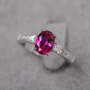 925 Sterling Silver Pink Ruby Lab Created Solitaire Women Ring US Duty Free - Picture 1 of 5
